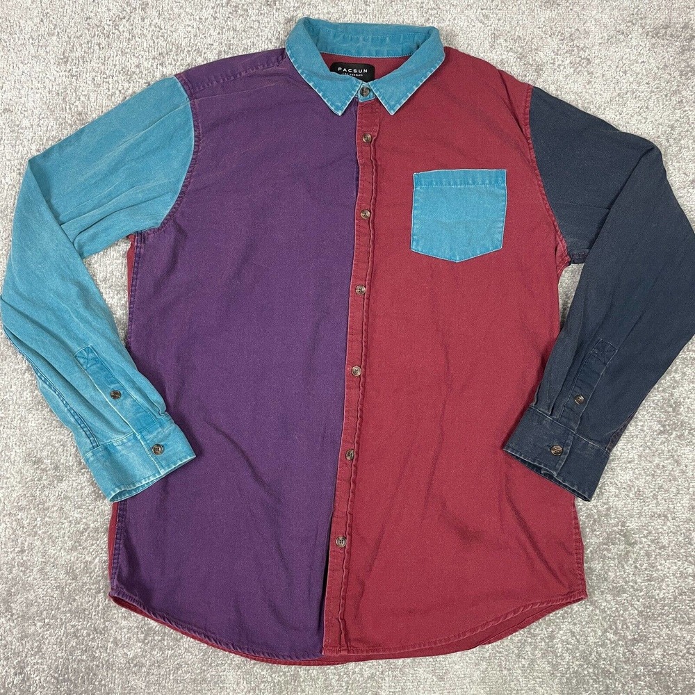 Pacsun Button Shirt Mens XL Multicolor Color Block Long Sleeve Cotton Y2K